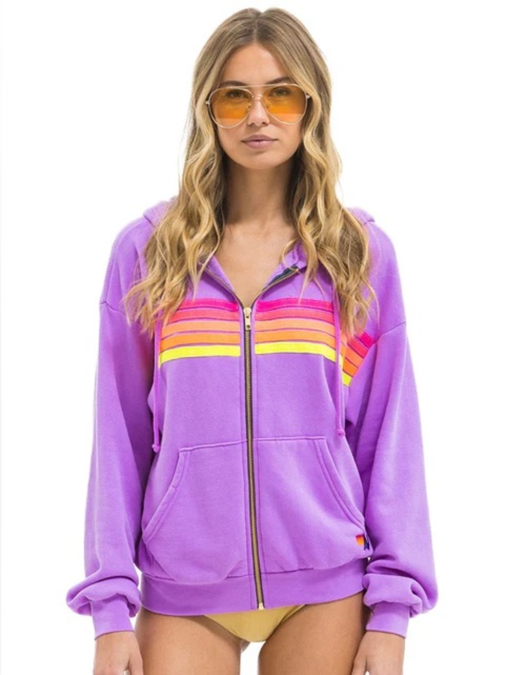 AVIATOR NATION 5 STRIPE RELAXED ZIP HOODIE NEON PURPLE STRIPES MEDIUM LIKE NEW
